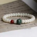 Handmade white Bodhi root bracelet with green cat paw charm and red agate accent - Green Cat Paw Style / Single Loop Style / Cream