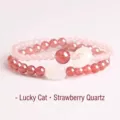 Double-layer strawberry and rose quartz beaded bracelet with white lucky cat charm - Lucky Cat Strawberry Quartz Bracelet