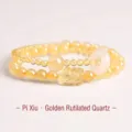 Double-layer yellow rutilated quartz bracelet with Pixiu charm and pink donut bead - Pixiu Rutilated Quartz Bracelet