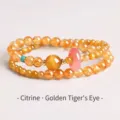 Double-layer beaded bracelet featuring yellow Citrine, Tiger Eye, and pink charm - Golden Tiger Eye Safety Button Bracelet