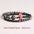 Double-layer beaded bracelet with Black Super Seven, Black Agate, and pink donut charm. - Black Agate Safety Button Bracelet