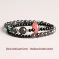 Double-layer bracelet featuring black obsidian, rutilated quartz beads and pink donut stone charm. - Obsidian Safety Button Bracelet