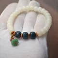 Natural Bodhi root bead bracelet with a green lotus charm for women and couples - Lotus Seed Pod Style / White