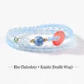 Elegant double-layer blue chalcedony and kyanite beaded bracelet with a red donut charm - Blue Chalcedony Kyanite Safety Button Bracelet