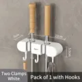 Wall-mounted punch-free mop holder with 2 clips and hooks in white finish, 22cm - 二夹装 (22x5.5x7cm) / White