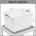 Large white perforated plastic storage basket with grey handles 34.5x25x21cm size - Deep Large / White with Gray Handle