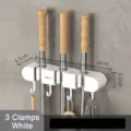 White multi-functional wall-mounted mop holder with 3 clips and 4 hooks storage rack - 三夹装 (26x5.5x4.7cm) / White