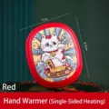 Portable red rechargeable hand warmer with cute lucky cat illustration - Guochao Lucky Cat Style (C3442) / Single-sided Heating / Red