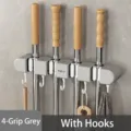Gray wall-mounted mop holder with 4 grippers and hooks, one pack - 四夹装 (33.4x8.8x4.7cm) / Gray