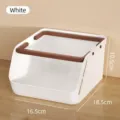 High capacity white desktop storage box with brown handle for office and makeup use - S / White