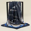 Elegant dark blue satin square scarf featuring detailed vintage golden chain print patterns - 90x90cm / Navy Blue