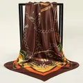 Elegant brown silk satin square scarf with vintage chain and rope print pattern detail - 90x90cm / Coffee