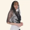 Detail view of an elegant black floral lace wedding veil shawl worn by a blonde model - 56-68CM / Black