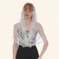 Elegant white floral lace mantilla veil shawl with delicate eyelash trim detail for wedding - 56-68CM / White