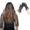 Elegant black lace wedding veil shawl and matching ruffled lace gloves for women - Set (Shawl and Gloves) / 56-68CM / Black