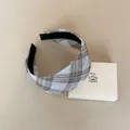 Elegant Korean style wide plaid headband with a grey and brown checkered pattern - Wide Headband / Blue and Brown Plaid