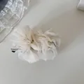 Vista detallada de la textura de malla rizada en este elegante pasador tipo banana blanco. - Clip de Plátano con Volantes / Beige