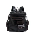 Retro black faux leather motorcycle backpack with brown accents and multiple zip pockets - No Pendant / Black