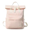 Minimalist light pink roll-top travel backpack with front pocket and white straps. - One Size / Casual Outdoor Style / Pink