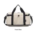 Vista frontal de bolsa de deporte beige grande con correas negras y hebillas seguras - Caqui