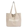 Large capacity Korean style nylon tote bag with Blessings letter print and straps - White