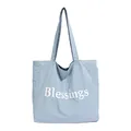 Large capacity light blue nylon shoulder tote bag with white Blessings print text - Blue