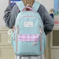Sweet light blue star pattern backpack with purple plaid accent pocket - Green