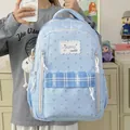 Sweet light blue school backpack for teenage girls with star pattern and plaid pocket - Blue