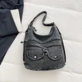 Vintage grey denim hobo bag with multiple zipper pockets and adjustable shoulder strap - One Size / Black