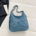 Vintage blue denim shoulder bag with multiple pockets and large capacity for commute - One Size / Light Blue
