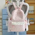 Cute pink student backpack with heart polka dot patterns and lace bow accessory - Pink