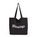 Minimalist large capacity black nylon canvas shoulder bag with white Blessings text - Black