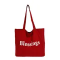 Large capacity red nylon canvas tote bag with white "Blessings" print for women. - Red