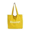 Large capacity bright yellow nylon tote bag with white Blessings letter print and checkered interior - Yellow