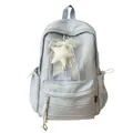 Blue and white striped plaid school backpack with star and bow charm accessory - With Pendant / Blue