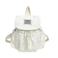Japanese style cream mini backpack featuring silver star print and drawstring closure - With Pendant / Beige