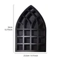 Black gothic arch wooden wall shelf with multiple display compartments and dimension labels - Grid Window Style / 35x23.3cm