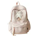 Korean style pink and white checkered school backpack for girls with star charm - Pink