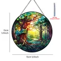 Ornement à suspendre rond en acrylique forêt, style vitrail, 15 cm pour fenêtre - 15cm / Décoration ronde en acrylique forêt B