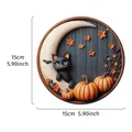 Halloween black cat and pumpkin acrylic wall decor, 15cm round plaque for home interior - Halloween Acrylic Sign-D / Round