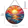 Pendentif circulaire en acrylique, paysage de coucher de soleil en vitrail, 15 cm - 15cm / Paysage de Coucher de Soleil (Plaque ronde colorée-D)