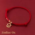 Red braided zodiac ox bracelet with gold plated S925 silver pendant for good luck - Zodiac Ox