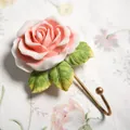 Decorative vintage hand-painted pink rose resin wall hook with bronze metal hook hardware. - Rose Single Hook (47692430850) / Pink