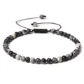 Handmade adjustable 4mm grey marbled stone bead bracelet with durable black woven cord - Adjustable Braided Style / 4MM Bead Diameter / Black Network Stone