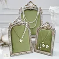 Vintage olive green velvet jewelry display stands with ornate antique silver frames. - Antique Silver Green Style / 6 Inch
