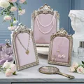 Vintage ornate jewelry display frame with pink velvet backing for necklaces and earrings - Antique Silver Pink Style / 6 Inch