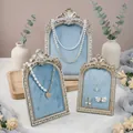 Set of three vintage blue velvet photo frame jewelry display stands for necklaces - Antique Silver Light Blue Style / 6 Inch