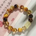 Elegante pulsera de cuentas de cristal amarillo natural y ojo de tigre para mujer - Pulsera de Ladrillo de Riqueza Dorada Ojo de Tigre Amarillo / Dorado