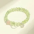 Green prehnite and rose quartz beaded bracelet with silver crescent moon charm - Star and Moon Style / Light Green & Pink