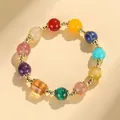 Pulsera de cuentas de cristal natural colorido con cristal de torre amarilla y dorado - Pulsera Multi-gema Colorida Natural
